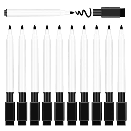 Image of YUNAI 10 PCS Black Whiteboard Marker Pens with Eraser, Dry Wipe Fine Tip Marker Pens for Whiteboard, Thin Bullet Tip Erasable Pens Black, Office Schools Classroom Teacher Family Supplies