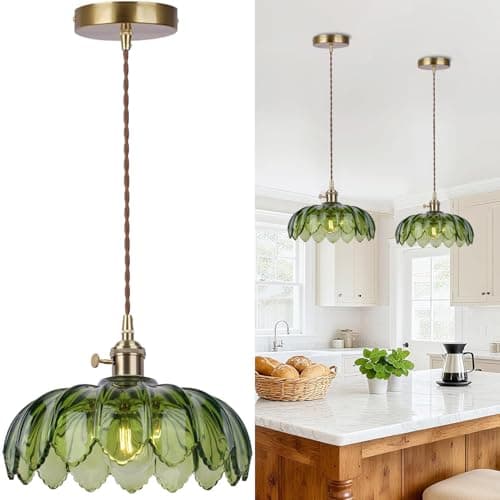 Image of Glass Pendant Light Green, Vintage Hanging Ceiling Light with Flower Glass lampshade, Adjustable Height, E27 Brass Hanging Light with Switch for Kitchen Island Bedroom Hallway Coffee Bar, Ø 26cm
