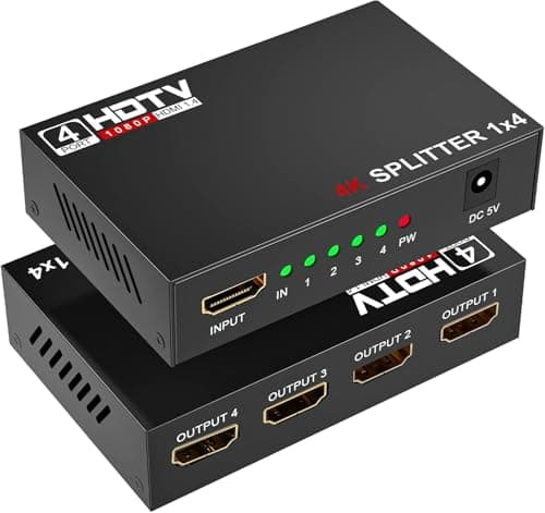 Image of 4K HDMI Splitter 1 in 4 Out, MT-VIKI 1x4 HDMI Distributor Powered Mirror/Duplicate Hub, Supports 4K@30Hz, 1080P, 3D, HDCP 1.4 for PS5, Xbox, Blu-ray, Laptop to 4 Monitors/HDTVs, Includes UK Power