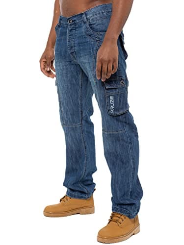 Image of BRAND KRUZE Mens Cargo Combat Denim Jeans KZ103 Work Trousers Pants All Waist Sizes MSW 32 S Blue