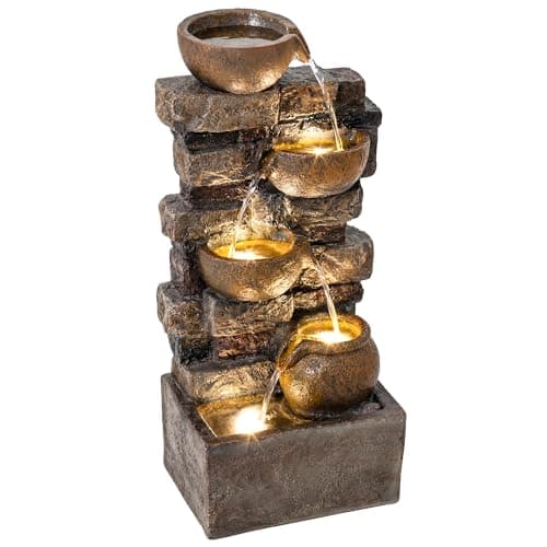 Image of Outsunny 28" Outdoor Fountain with 5-Tier Rustic Jugs and Rock Design, Cascading Waterfall Feature with LED Lights, Adjustable Flow, Resin Freestanding Garden Fountain, Rustic Brown