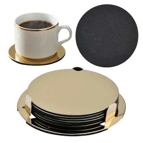 Image of Gold Coasters Set of 6 with Holder, Modern Stainless Steel Drink Coasters with Non-Slip Base, Round Metal Cup Coasters for Wooden Table Protection, Elegant Gold Decor Housewarming Gift