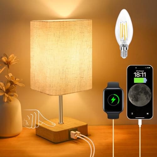 Image of Touch Control USB Table Lamp, Dimmable Nightstand Lamps with USB Charging Ports, Small Touch Lamp with Wood-grain Base ＆ Beige Fabric Shade for Bedroom, Living Room, Children's room, Bulb Included