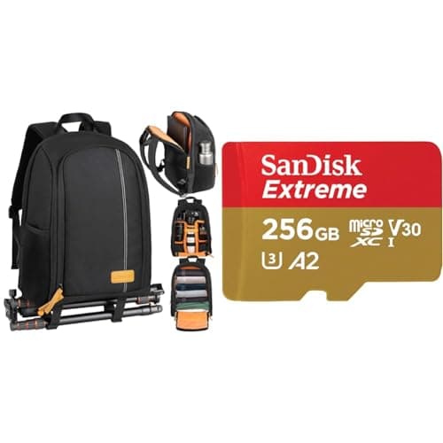 Image of TARION Camera Backpack, Photography Backpack with Large Capacity, Padded Insert, 15'' Laptop & SanDisk 256GB Extreme microSDXC Card + SD Adapter + RescuePRO Deluxe, up to 190MB/s