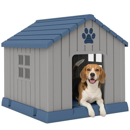 Image of PawHut Dog Kennel Outdoor for Medium Dogs, Waterproof Plastic Dog House for Garden, Patio, Indoor Outdoor Pet Shelter with Elevated Base, 85 x 79 x 82 cm, Grey