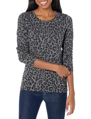 Image of Amazon Essentials Women's Long-Sleeve Lightweight Crewneck Jumper (Available in Plus Size), Grey Cheetah Print, S