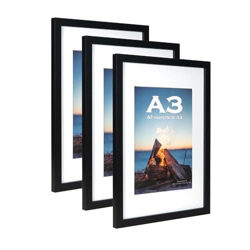 Image of Black Wooden Picture Frame A3 with Mat,Set of 3, Mount for A4 Picture or Certificate,Wall Mountable
