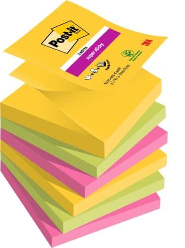 Image of Post-it Super Sticky Z-Notes, 540 Sheets, Pack of 6 Pads, 76 mm x 76 mm - Holds Strong to Many Surfaces - Bright Colours - for Walls, Monitors and Fridge, Recycable