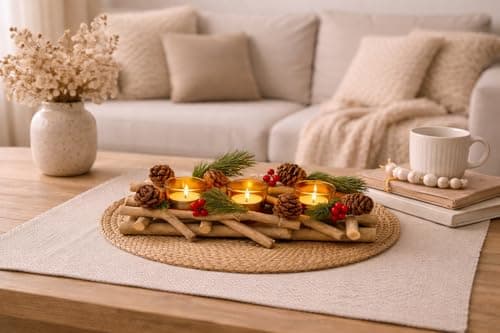 Image of Marco Paul Wooden Triple Glass Tealight Holder - Decorative Table Centrepiece - Votive Candle Holders - Pine Style Table Decoration Fireplace, Home Decoration Tea Light Candle Holders