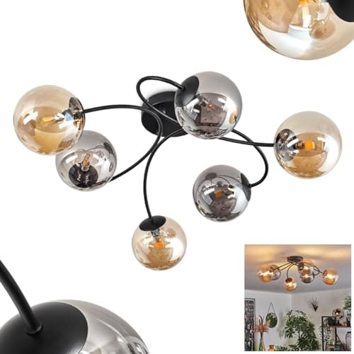 Image of Chehalis Ceiling Light, Ceiling lamp Made of Metal/Glass in Black/Smoke/Amber Colour, Retro/Vintage Design luminaire with Glass Shades (Ø 12 cm), 6 x G9 LED, Without Bulbs