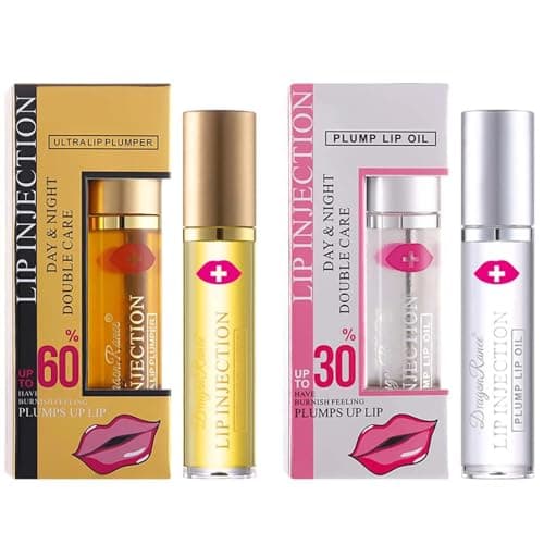 Image of 2PCS Lip Plumper & Hydrating Oil Set – Day & Night Lip Enhancer for Fuller, Moisturized Lips. Extreme Plumping Gloss Reduces Lines, Boosts Volume (30% + 60%, 5ml)