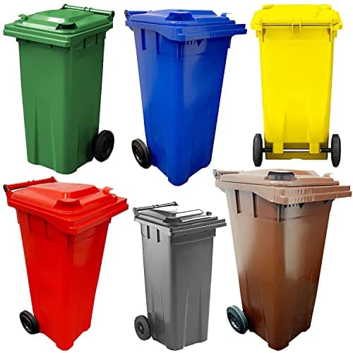 Image of Wheelie Bins Compact 140L Red, Blue, Green, Brown, Grey & Yellow Home Workplace Waste Disposal Bins Ideal for Flats, Garages, Factories, Warehouses With Strong Rubber Wheels & Lids (Grey)