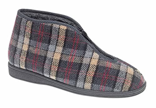 Image of Mens Thermal Zip Bootee Slippers Grey Check Velour Warm Fleece Lined (UK 11, numeric_11)