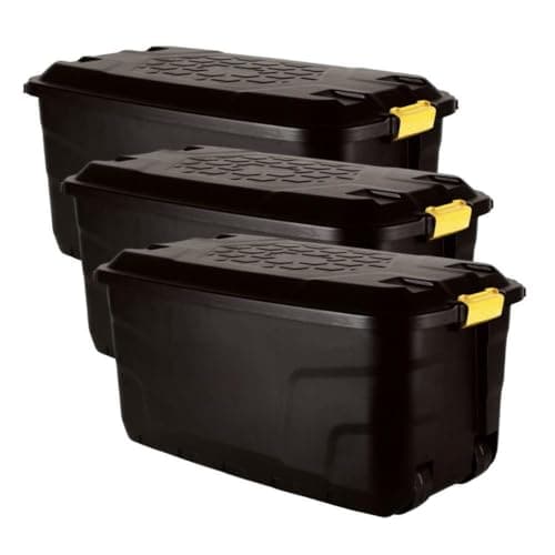 Image of Original Organics 145L Heavy Duty Plastic Storage Trunk with Wheels – Black, Extra Large Garden & Garage Storage Box, Lockable Clip Lid, Mobile Tool and Equipment Storage, Water Resistant - Set of 3