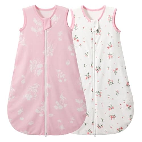 Image of Duomiaomiao 2 Pack 1.0 Tog Baby Sleeping Bag, 100% Cotton All-Year-Round Wearable Blanket, Unisex for 6-18 Months Newborn, Flower