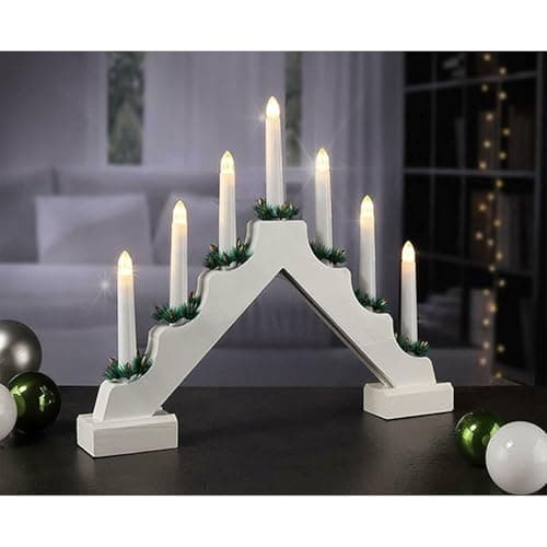 Image of GEEZY Wooden Christmas Candle Bridge Arch with 7 LED Candles, Timer Function & White Finish - Battery Operated Warm White LED Christmas Lights - Xmas Decorations & Ornaments for Window Sills, Mantels
