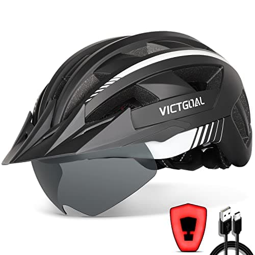 Image of Victgoal Bike Helmet with USB Rechargeable LED Light Removable Magnetic Goggles Visor Breathable MTB Mountain Bicycle Helmet for Unisex Men Women Adjustable Cycle Helmets (XL: 59-63 cm, Black White)