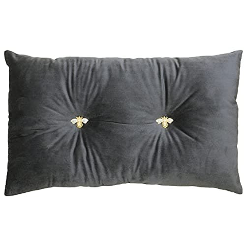 Image of Bumble Rectangular Bee Scatter Cushion - Charcoal Grey - Faux Velvet Look and Feel - Jewelled Metal Bee Buttons - Polyfilled - 100% Polyester - 30 x 50cm (12" x 20" inches) - Made by Riva Paoletti