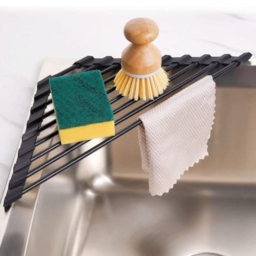 Image of Tomorotec Small Triangle Roll-Up Dish Drying Rack with Silicone Coating Stainless Steel Frame for Sink Corners, Multipurpose Over-The-Sink Kitchen Drainer & Organizer for Space-Saving Storage (Black)