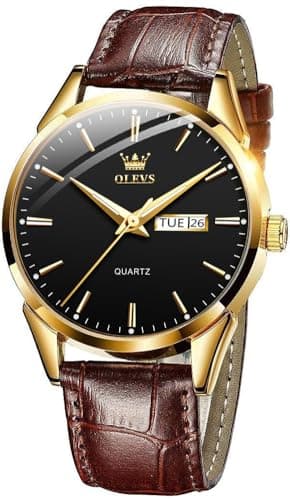 Image of OLEVS Men Watch Brown Leather Strap Large Black Face Analog Quartz Classic Dress Date Luminous Waterproof Gents Wrist Watch