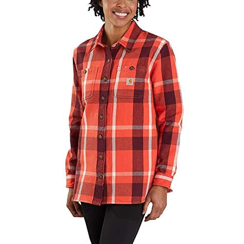 Image of Carhartt Women's Rugged Flex Loose Fit Heavyweight Twill Flannel Long-Sleeve Plaid Shirt, Earthen Clay, Extra Small
