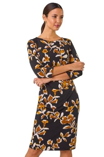 Image of Roman Originals Ruched Waist Dress for Women UK Ladies Side Pleat Winter Autumn Textured Fitted Shift Pencil Smart Lined Stretchy Jersey Work Knee Length Round Neck - Yellow - Size 18