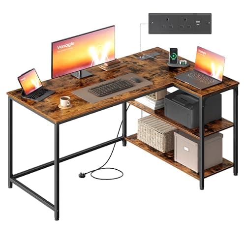 Image of VASAGLE L Shaped Corner Desk, Computer Gaming Desk with Storage, Reversible Height-Adjustable Shelves, for Home Office, with Power Outlets 2 USB Ports, 120 x 80 cm, Rustic Brown LWD132KD02