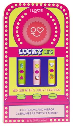 Image of I LOVE Lucky Lips Lip Balm Gift Set 3 Hydrating Lip Balms with Branded Compact Mirror Moisturising Lip Care with Sweet Flavours – Nourishing, Smooth & Glossy Finish – Vegan-Friendly 3x 4g