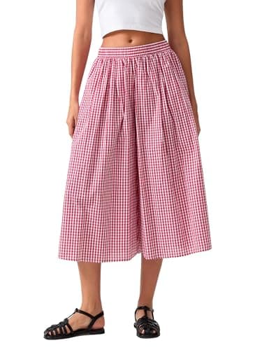 Image of Felcia Women's Y2k Plaid Capri Culottes Elastic Waistband Wide Leg Loose Casual Pull On Trousers with Side Pocket (A-Red, L)