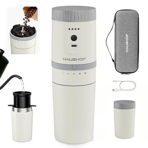 Image of HAUSHOF 3-in-1 Portable Coffee Maker 300 ML with Electric Coffee Grinder, Manual Pour Over, Thermal Cup & USB-C Rechargeable, Travel Coffee Maker for Hiking, Camping, Office, Coffee on the Go, White