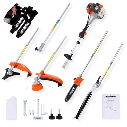 Image of 5-In-1 Garden Multi Tool - 52cc 2 Stroke Petrol Strimmer Pull Start, Brush Cutter, Hedge Trimmer, Chainsaw and Extension Pole with Harness and Tool Kit | Long Reach Gardening Multitool | eSkde