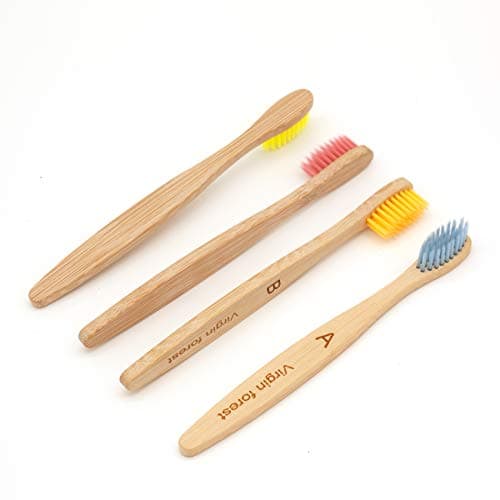 Image of Kids Bamboo Toothbrushes, Biodegradable Handle, BPA-Free Soft Bristles, Children Size Set of 4 (4 Colors)