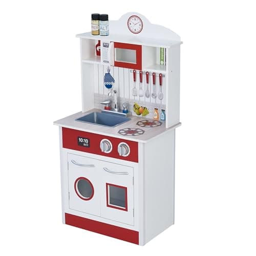 Image of Teamson Kids Little Chef Madrid Classic Interactive Wooden Play Kitchen with Sink, Oven and Microwave and Storage Space for Easy Clean Up, White with Red Accents
