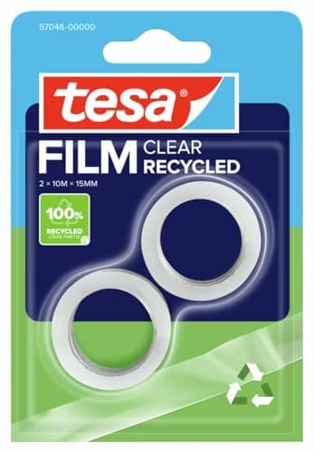 Image of tesafilm CLEAR RECYCLED - transparent adhesive tape - 100% recycled plastic - tear-resistant - adhesive-strong, solvent-free and age-resistant - 2 rolls of 10 m x 15 mm each
