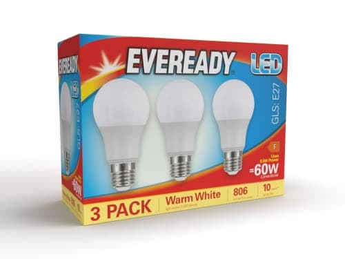 Image of Eveready E27 Screw Bulb - Warm White LED Bulb for Ceiling Lights & Lamps - Long Lasting & Energy Saving 3000k 806 Lumen 60w Equivalent - Pack of 3