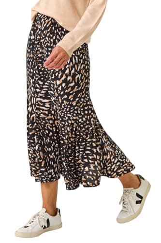Image of Roman Jersey Skirt for Women UK - Ladies Midi Maxi Floral Animal Print Autumn Winter Swing Smart Casual Office Cocktail Party Going Out Evening Holiday Cruise - Tan - Size 14
