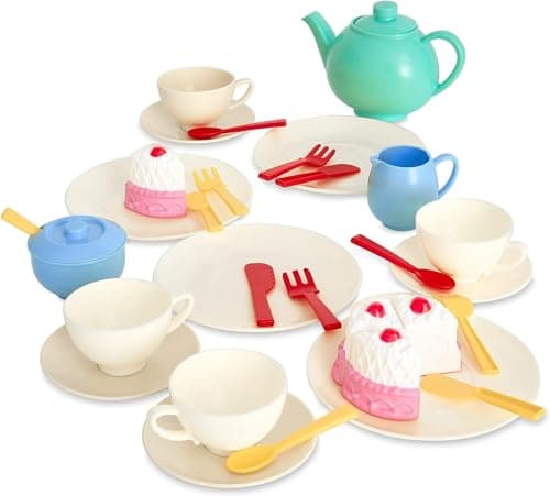 Image of Casdon 33-Piece Tea Set. Colourful Toy Playset with Teapot, Milk Jug, Cups and Saucers, Cake, and More. Suitable for Preschool Toys. Playset for Children Aged 3+, New Colourway