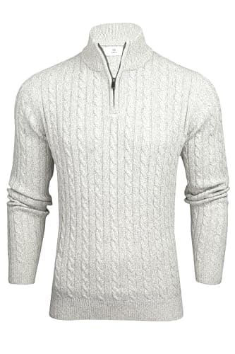 Image of Xact Men’s Cotton Rich Cable Knit Quarter Zip Jumper, Regular Fit 1/4 Zip Pullover Sweater, Smart Casual Chunky Knitwear, Classic Zip Neck Jumper (Cable - Ecru) S
