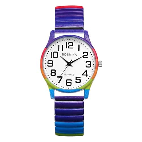 Image of Oidea Womens Stretch Band Watches: Bohemian Stripes Big Dial Arabic Numerals Easy Reader Analog Quartz Elastic Strap Watch for Women Casual Female Ladies Wristwatches