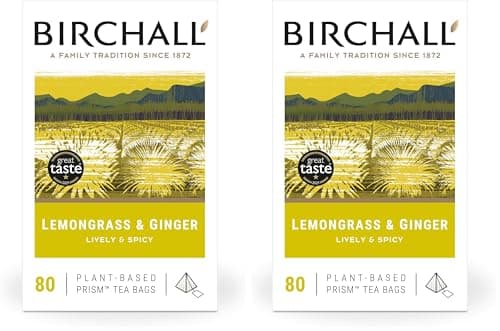Image of Birchall Tea Bags, Lemongrass & Ginger Herbal Tea Gift Set, Caffeine Free Tea Bursting with Full Flavour, 80 Plant-Based Prism Tea Bags (Pack of 2)