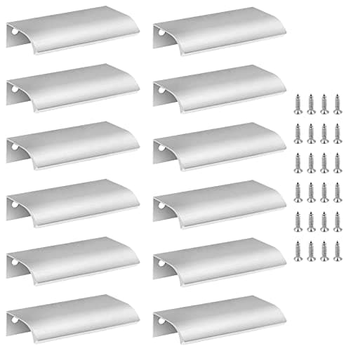 Image of Cjueiom 12 Pack Concealed Kitchen Cupboard Handles 64mm Hole Center Hidden Drawer Pulls, Finger Edge Pull Aluminum Cabinet Handle Invisible Door Knob for Wardrobe (80mm Total Length, Silver)