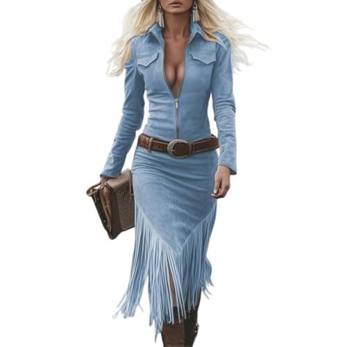 Image of Dresses for Women Retro Tassel Suede Dress Zipper Western Style Sliming Denim Dress Solid Color Long Sleeved Lapel Casual Dresses Autumn Winter Elegant Club Party Prom Dressess Ladies S-3XL A Blue