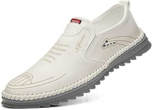 Image of Men’s Loafers, Leather Slip On Moccasins Penny Loafers, Breathable Driving Walking Lightweight Casual Shoes,UK9,White