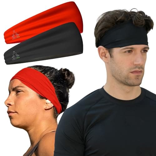 Image of Value 2-Pack, Mens Headband - Guys Sweatband & Sports Headbands Moisture Wicking Workout Sweatbands for Running, Cross Training, Skiing and bike helmet friendly - Value Pack 1-Black & 1-Red Sweatband