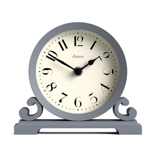 Image of Jones Clocks® Saloon mantel clock | Small traditional double scroll design | French Navy | Contemporary classic style for desk, table, shelf or bedside