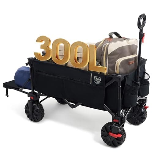 Image of TIMBER RIDGE Festival Trolley 300L with Brakes, Folding Beach Trolley Cart with Tailgate, 135kg Collapsible Wagon Detachable Wide Wheels & Adjustable Handle for Outdoor Camping Garden, Black