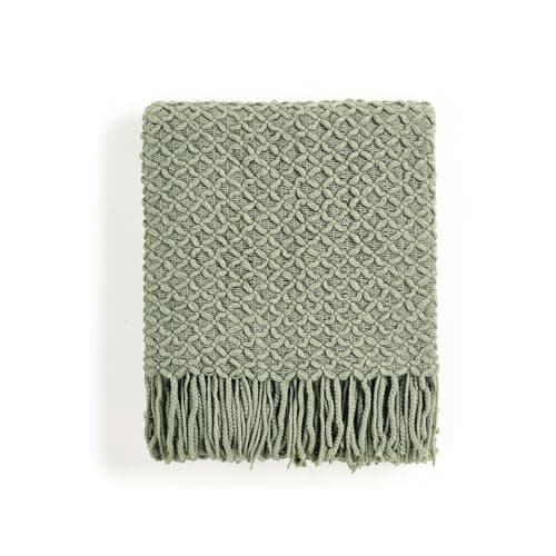 Image of CREVENT Farmhouse Boho Knitted Throw Blanket for Couch Sofa Chair Bed Home Decoration, Soft Warm Cozy Light Weight for Spring Summer Fall (127cmX152cm Sage Green)