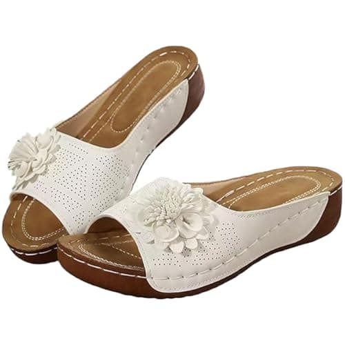 Image of Aoukp Comfortable Non-slip Solid Color Open-Toe Wedge Sandals,Open Toe Wedge Sandals for Women,All Day Walking Casual Slip Arch Support Slides (White,5)