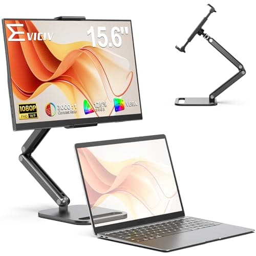 Image of EVICIV Portable Monitor with Metal Stand, 15.6" 1080P 125% sRGB 3000:1 FHD 350Nit 16:9 HDR Travel Second Screen w/VESA/Adjustable Arm, USB-C Mini HDMI External Display for Laptop/PC/Phone/Game Console