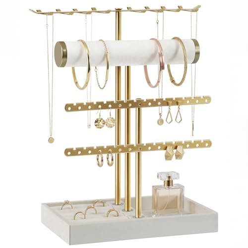 Image of VIRETH HAUS 4-Tier Jewelry Stand Organizer, Jewelry Holder Stand for Necklace, Earring, Bracelet, Watch, Ring, Gold Metal Jewelry Display Stand with Beige Velvet Tray,Display & Storage,Gift Women